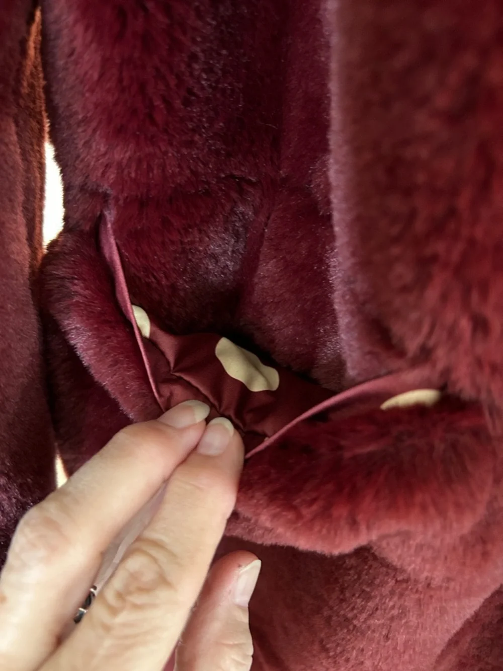 Sam Edelman Burgundy Faux Fur Coat with Black Accents - Picture 3 of 9